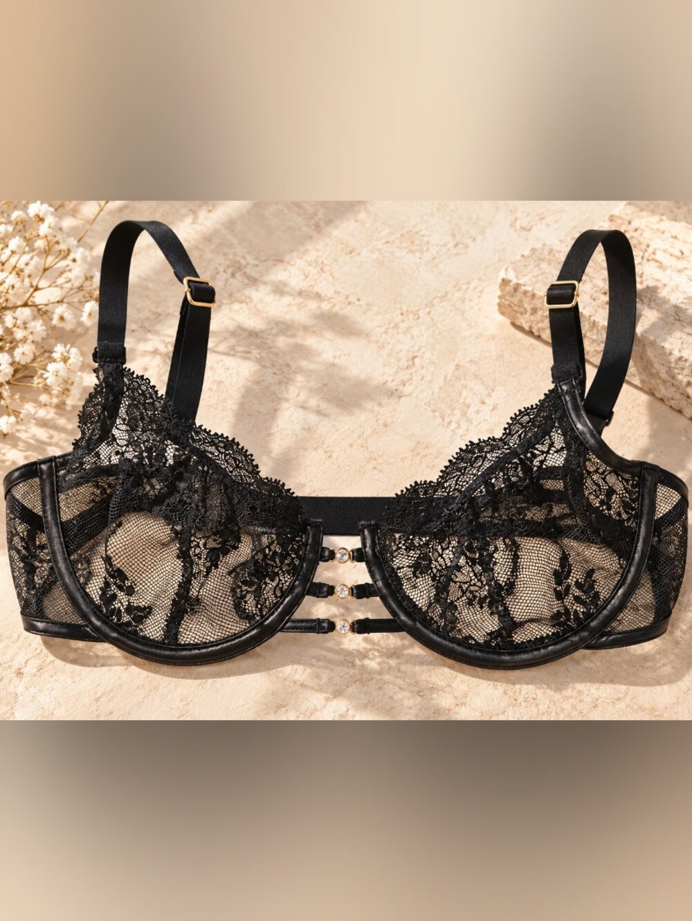 Honey Birdette Black Lace Underwire Bra with Crystal Strap Accents